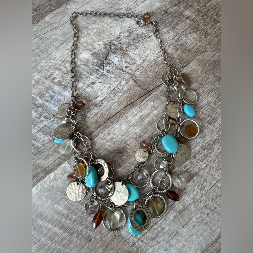 Silver tone double string necklace, turquoise color stones and others